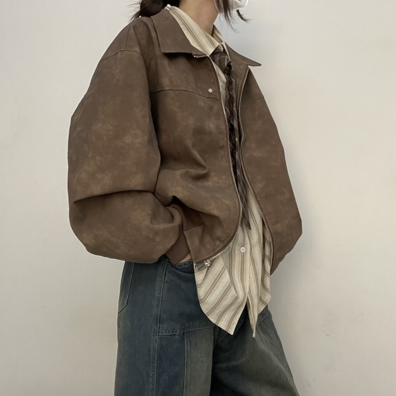 秋冬新作アメリカンレトロダメージブラウンスエードジャケットメンズレディーストレンドブランドショートジャケット厚手コットンバイクバイク