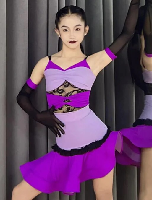 ラテンダンス衣装 レース付きレオタード スカート キッズダンスウェア 袖カバー付き 女子ダンススカート 社交ダンス衣装 キッズジュニア 女の子 ダンス衣装 可愛いダンス 衣装 ラテン モダン練習着 レ