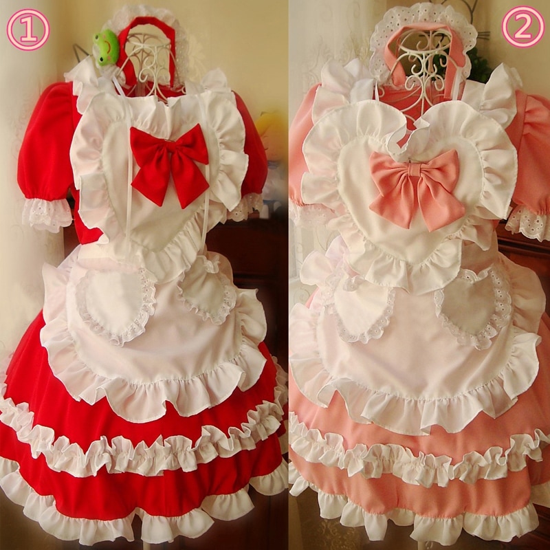赤色+桜色 クリスマス 姫メイド服 ハート蝶結び付 多色可能 超可愛いメイド服 5点セット