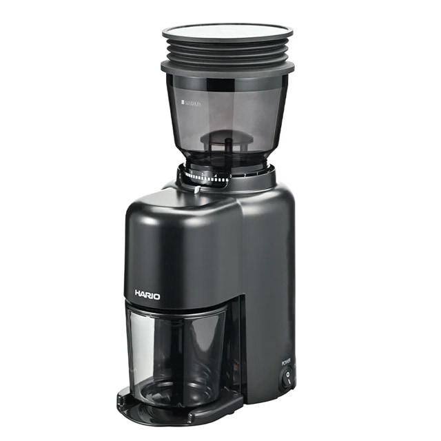 V60 電動コーヒーグラインダーコンパクトN EVCN-8-B 内部に静電気除去機能を搭載し フタにはクリーナー機能が付いた電気コーヒーグラインダー