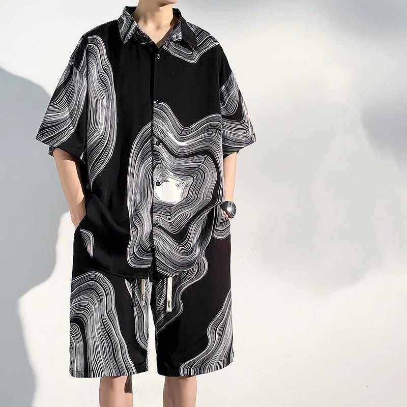 2点セットアップ M-5XL メンズ半袖シャツ+ショートパンツ ファッション カジュアルセット 接触冷感