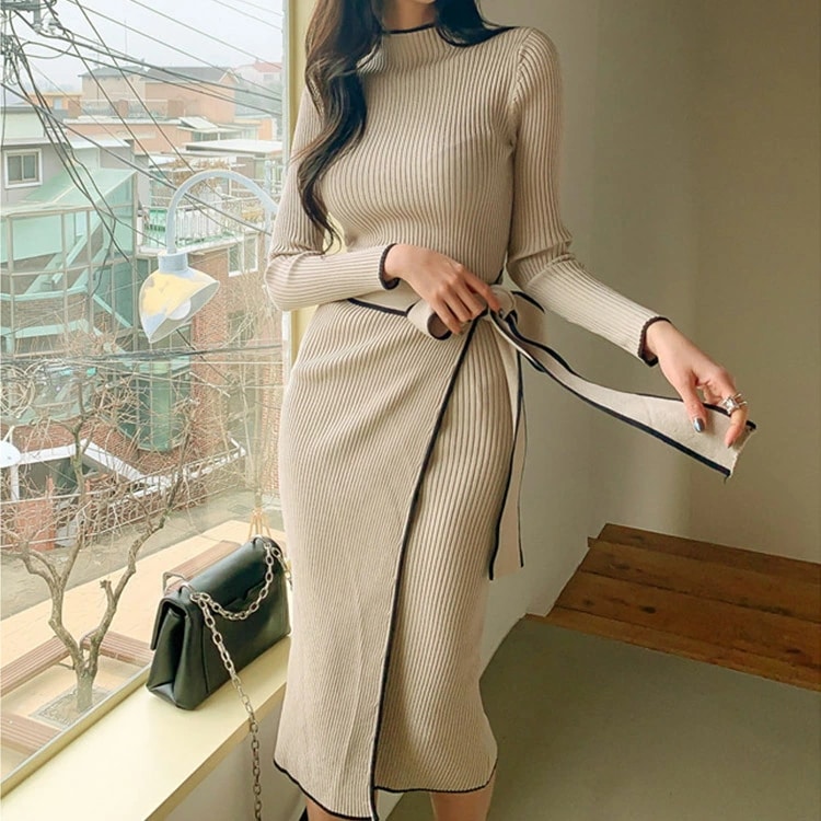 ワンピース レディース ニット バイカラー ウエストマーク タイト リボンベルト きれいめ ミモレ丈