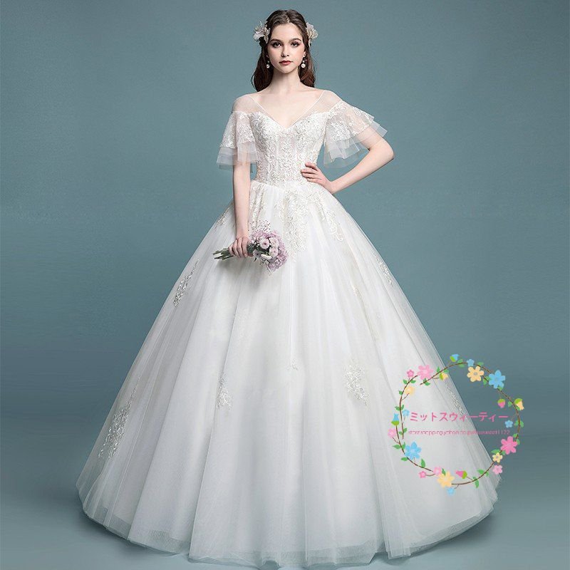 ウエディングドレス マタニティドレス エンパイア 半袖 結婚式 花嫁 ロングドレス サイズ 調節 大