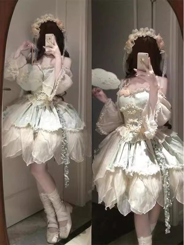 【2枚購入で 3oo円OFF！】新しいのレトログリーン竹の葉の葉のバレエスタイルエレガントな妖精ロリータスカートロリータスカートプリンセススカート