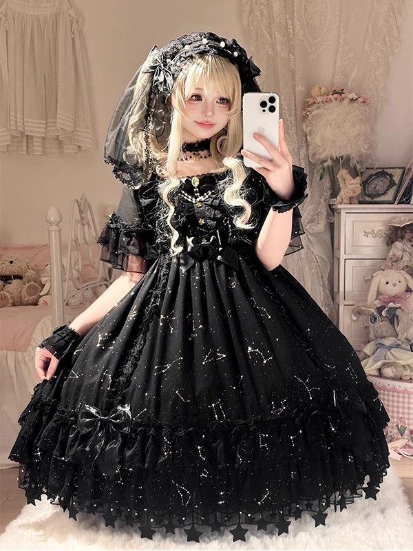 【2枚購入で 3oo円OFF！】ブラックゴールドメッキ薄いフラッシュショートスリーブ式夏の毎日のロリータスカートロリータスカート語ダークスタイルドレス