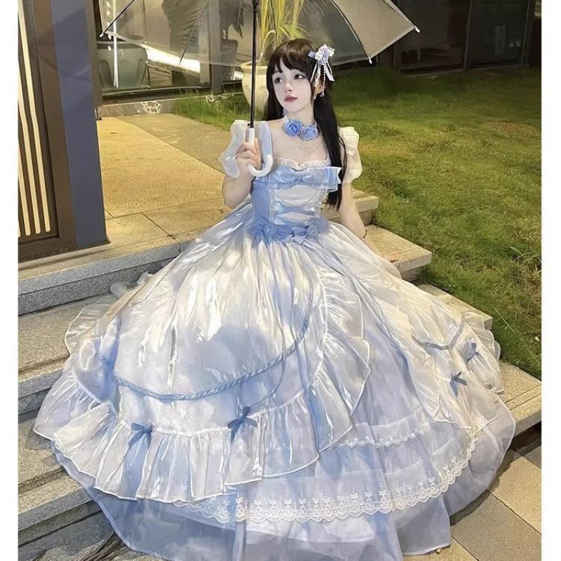 ロリータ ワンピース ジャンパースカート jsk キャミソール ハイウエスト Aライン ミドル丈 ワンピース 胸元に大きい蝶リボン 光沢感 ひらひら スリット クラゲ30%までに制限