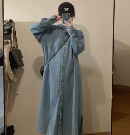 ワンピース デート デニムワンピース ロング丈 ミディアム丈 袖あり 長袖 襟付き セミフレア Aライン 切り替えデザイン ウエストマーク 前開き デニム かわいい 大人可愛い きれいめ シンプル