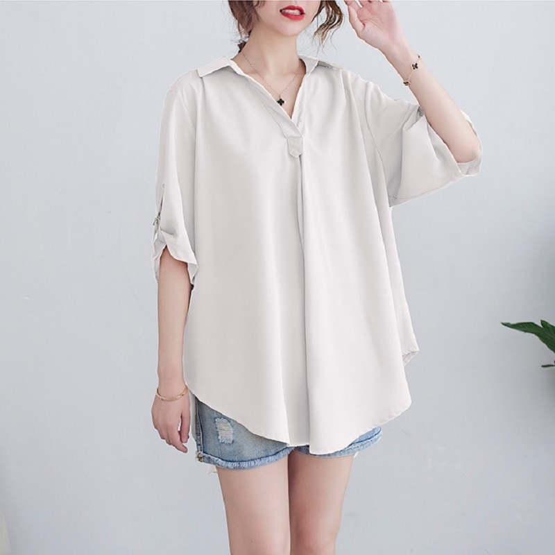 トップス シャツ ロング丈 袖あり 半袖 Vネック 襟付き ワイド シフォン かわいい カジュアル おしゃれ レトロ こなれ感 スポーティー ラブリー キュート ルーズ 存在感 無地 夏 10代