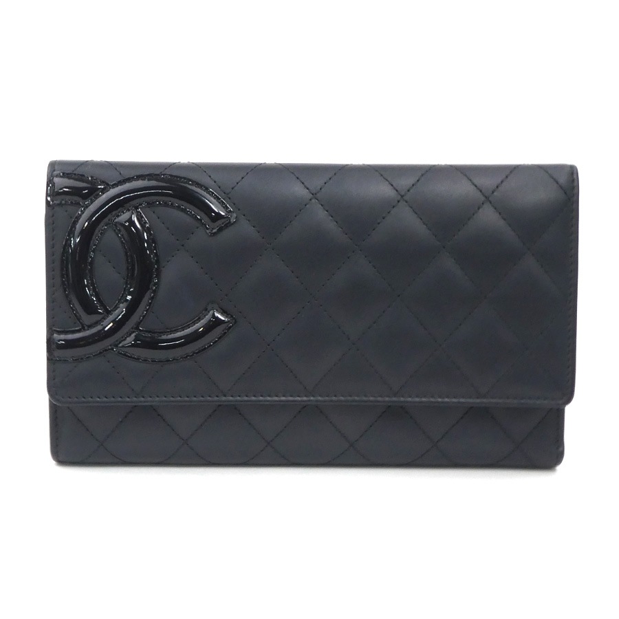シャネル CHANEL 三つ折り財布 長財布 カンボンライン レザー/パテントレザー ブラック レディース e60835a