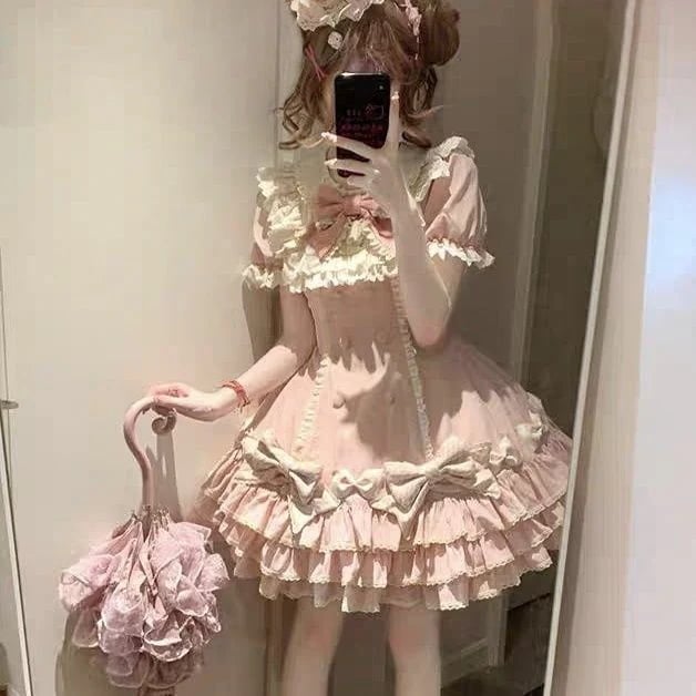 ロリータ ストライプレイヤードロリータ ロリータケーキスカート かわいい甘美なプリンセス半袖OPドレス