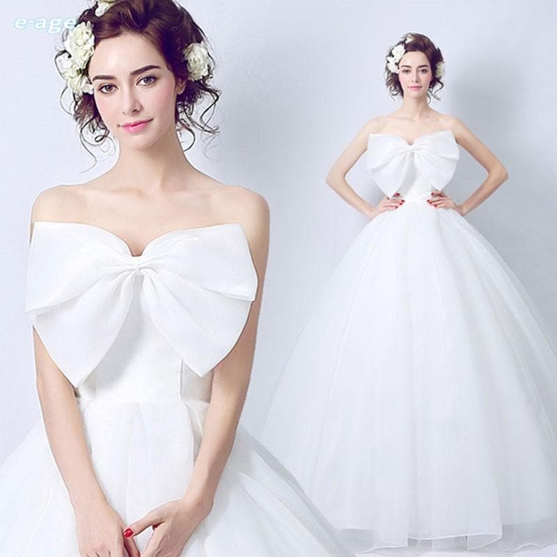 ウェディングドレス 結婚式 花嫁 二次会 パーティードレス 大きい蝶結び プリンセスライン ウエディングドレス ブライダル ビスチェ 手作り 白
