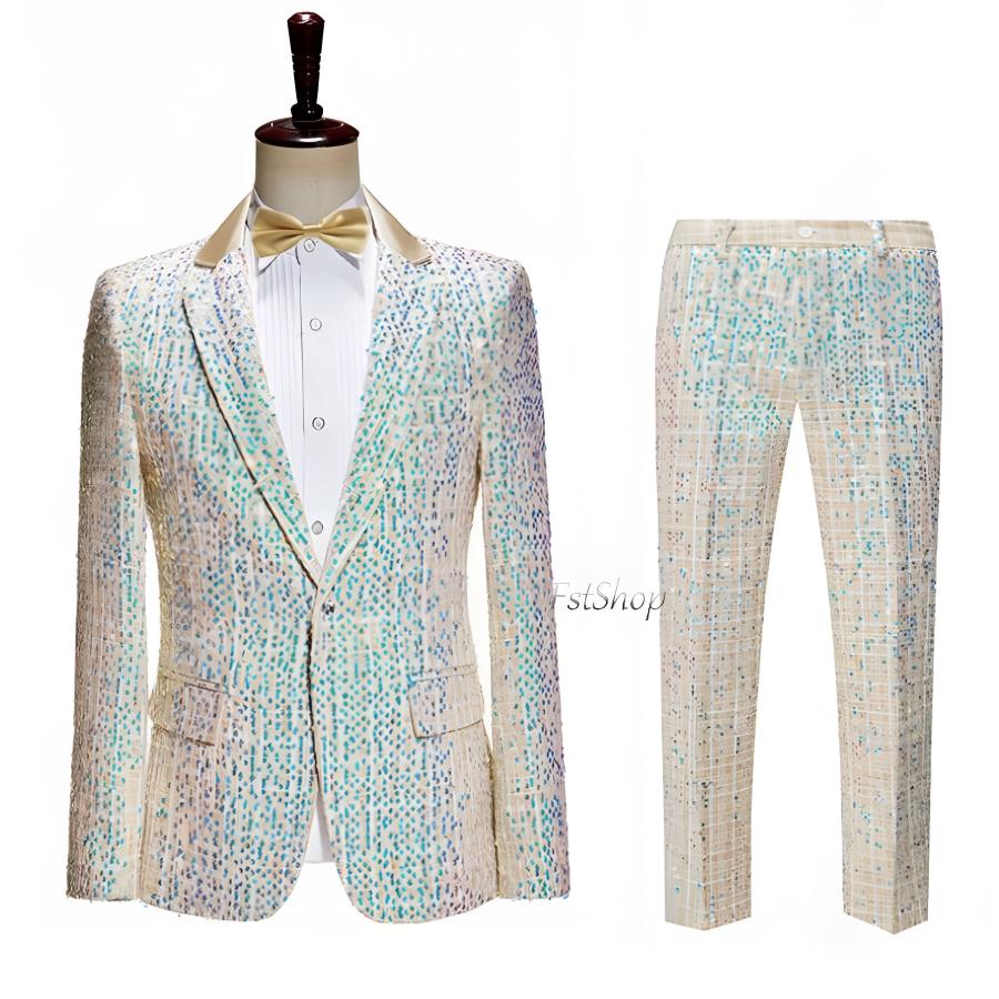 ハッピーハロウィン 新製品 最低価格 メンズ スーツ ダンス衣装フォーマルスーツ舞台演出ジャケット+パンツ 上下2点セット スパンコール司会者ステージ衣装1つボタン忘年会 新年会 カラオケ衣装 舞台