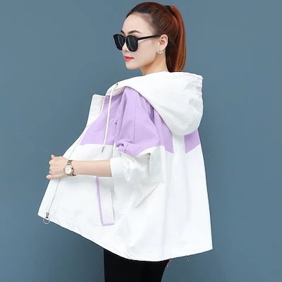 スプリングコート ツーリングジャケット ブルゾン レディースジャケット 4色展開 切り替え 帽子付今日は30パーセント