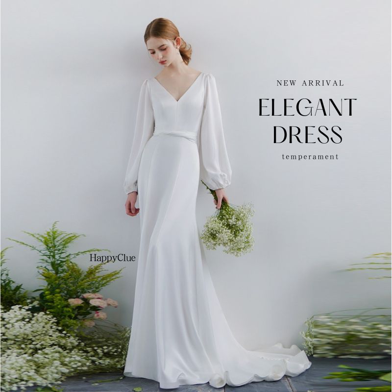 ウェディングドレス 白 Vネック エンパイア パーティードレス ロングドレス 二次会 コンサート 演奏会 ドレス ピアノ発表会 イブニングドレス カクテルドレス トレーンタイプ エレガント 優雅 ドレ