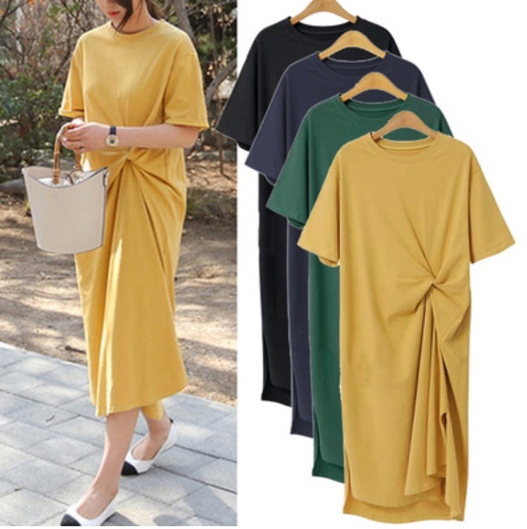 レディース ワンピース ロング マキシ アシンメトリー 半袖 Uネック ラウンドネック ストレート Iライン オーバーサイズ ストリート ウエストマーク スリット サイドスリット かわいい