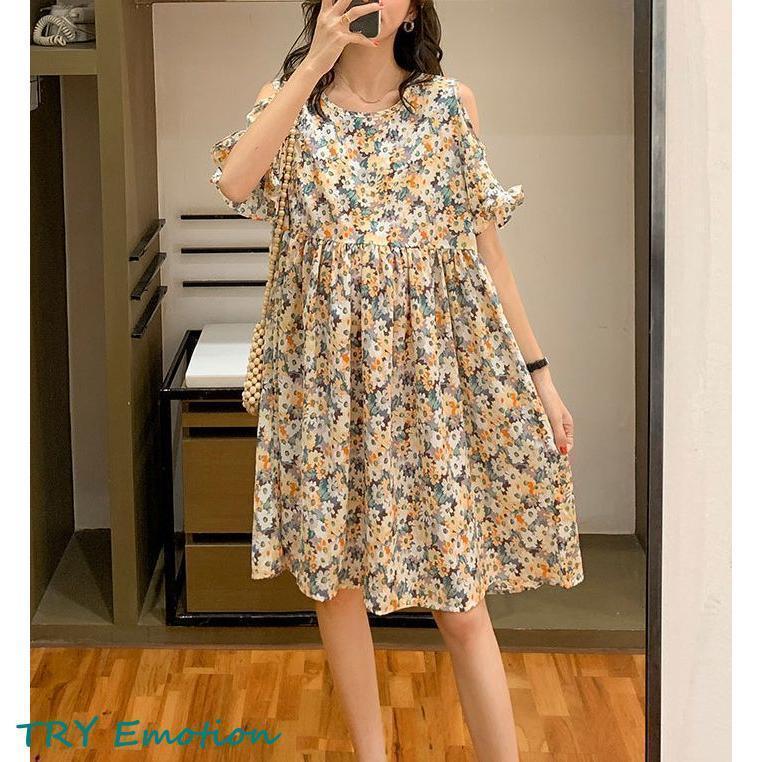 ワンピース 半袖 膝丈 Aライン オープンショルダー 袖口フリル 総柄 花柄 大きいサイズ フラワー レディース 女性 ミディアム丈 フェミニン かわ