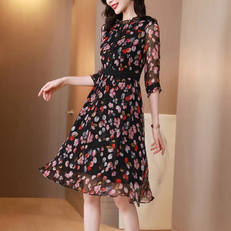 【送料無料】夏ワンピース シルク プリント 花柄 着痩せ ゆったり 大人 オフィス シングルボタン エレガント