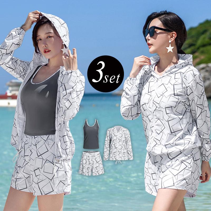 60代 ジップアップ フード 40代 レディース 体型カバー ラッシュガード ママ 3点セット 50代 白 タンキニ水着 長袖 セパレート