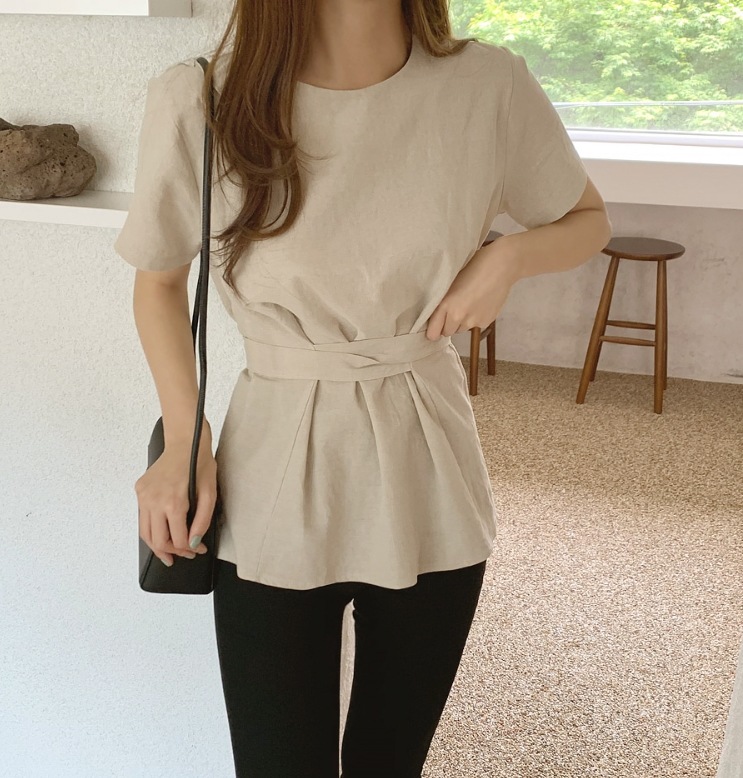 半袖ブラウス トップス ブラウス 袖あり 半袖 ラウンドネック ペプラム ウエストマーク ハイウエスト 綿 麻 リネン かわいい 大人可愛い きれいめ シンプル カジュアル 大人 上品 おしゃれ