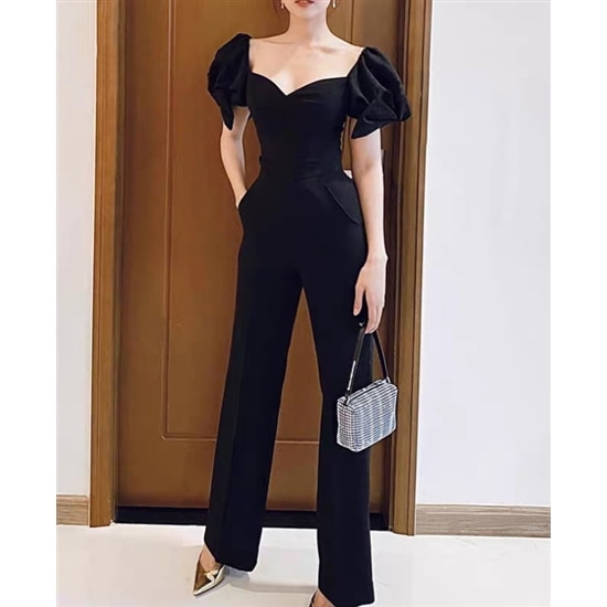 【取寄：納期2週間】結婚式ドレス パンツドレス 大きいサイズ L ハイウエスト パフ袖 半袖 ジャンプスーツ フォーマル お呼ばれ きれいめ パーティードレス 無地 エレガント 上品 おしゃれ