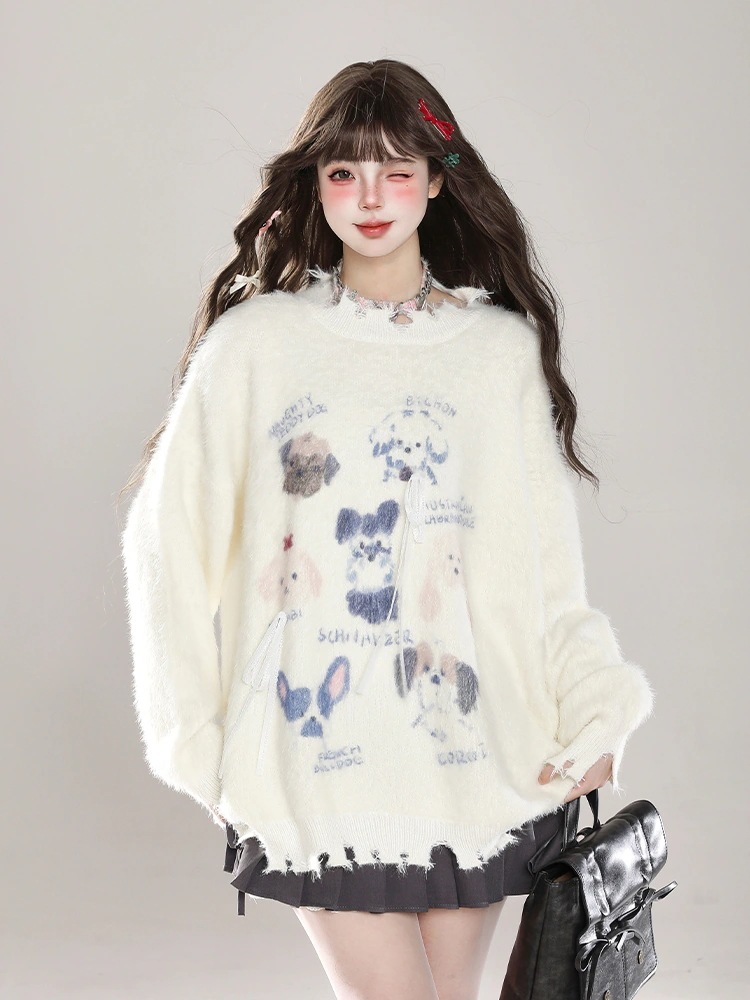 新発売2026 秋冬 ミンクタッチニット韓国トップス長袖 プリントストリートコルシルエットクルーネックファッション色っぽ女っぽカジュアル大人っぽ 上品 サイズフェミニンゆったり レディースプルゆったり