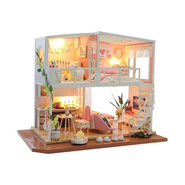 家具付きドールハウスミニチュアDIY木製ドールハウスキットプラス防塵とLEDライトクリエイティブなロマンチックなルームハウス3Dパズルセ