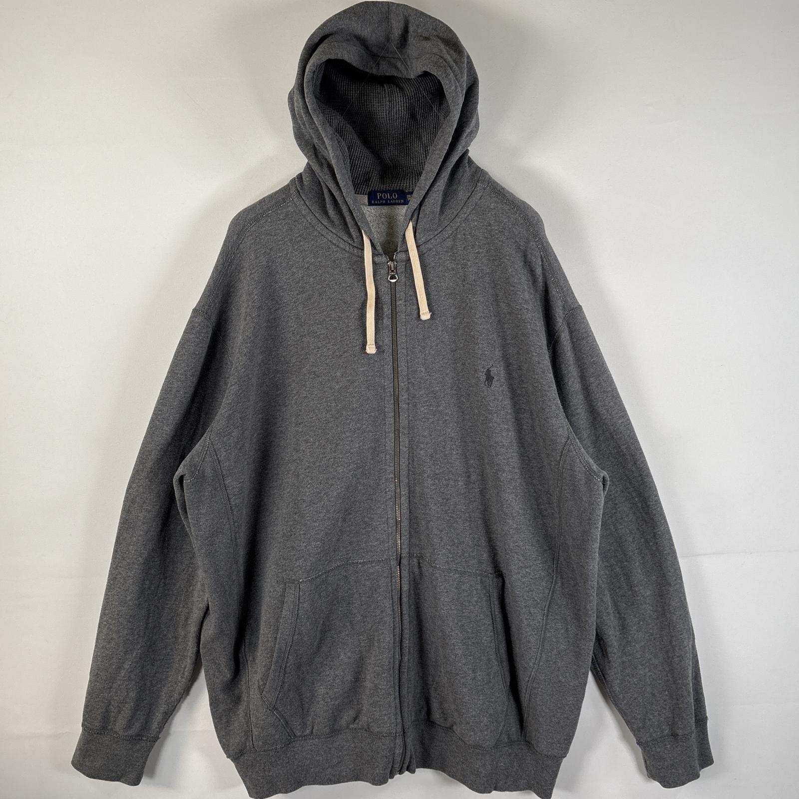 古着 パーカー フルジップ ワンポイントロゴ 大きいサイズ フーディー フード紐 2XLT グレー メンズ