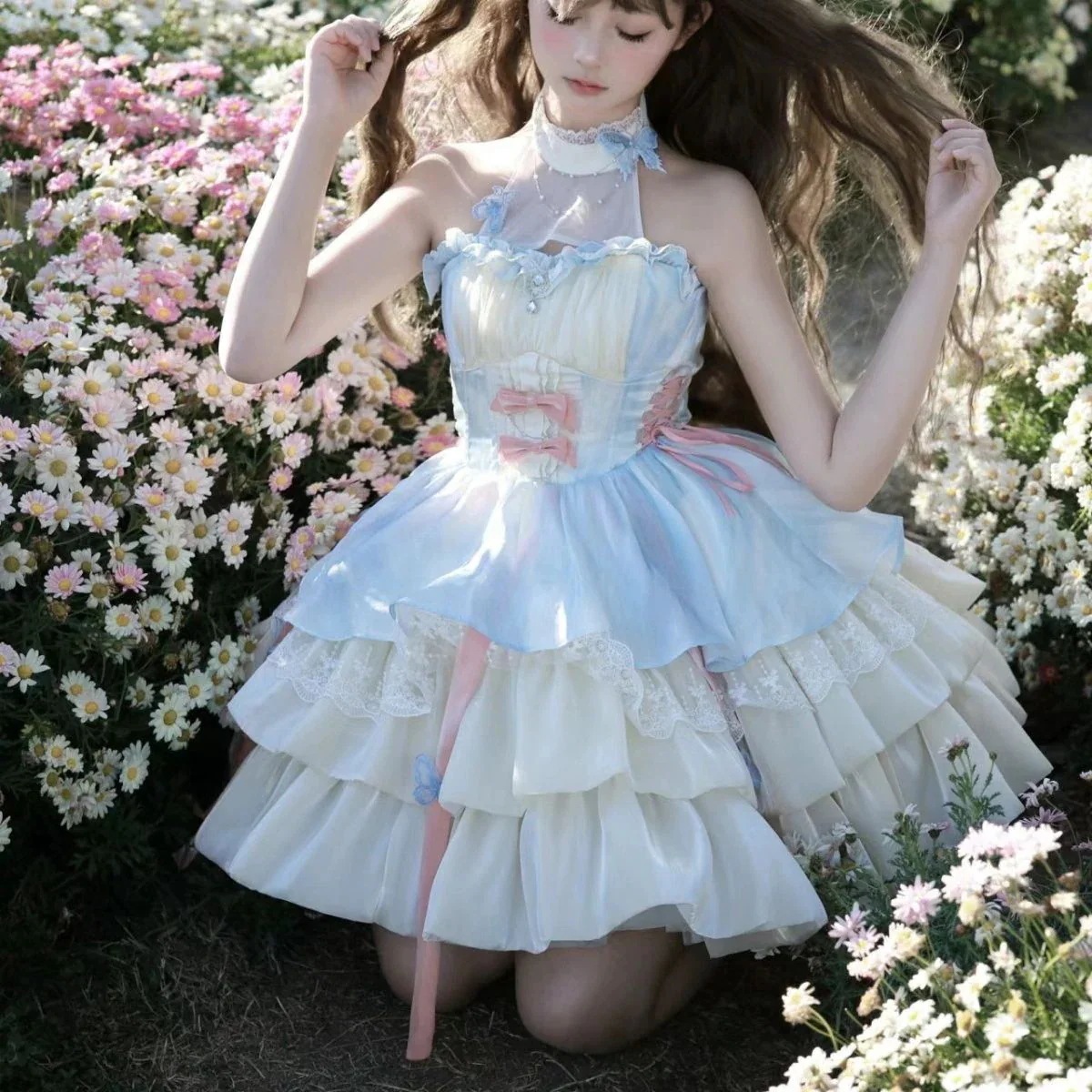 コスム キュート ロリータ プリンセススタイル ネックライン サスペンダー ショートスカート パフスカートロリータメガ割カラコンサンダル f Yt ハニーズ