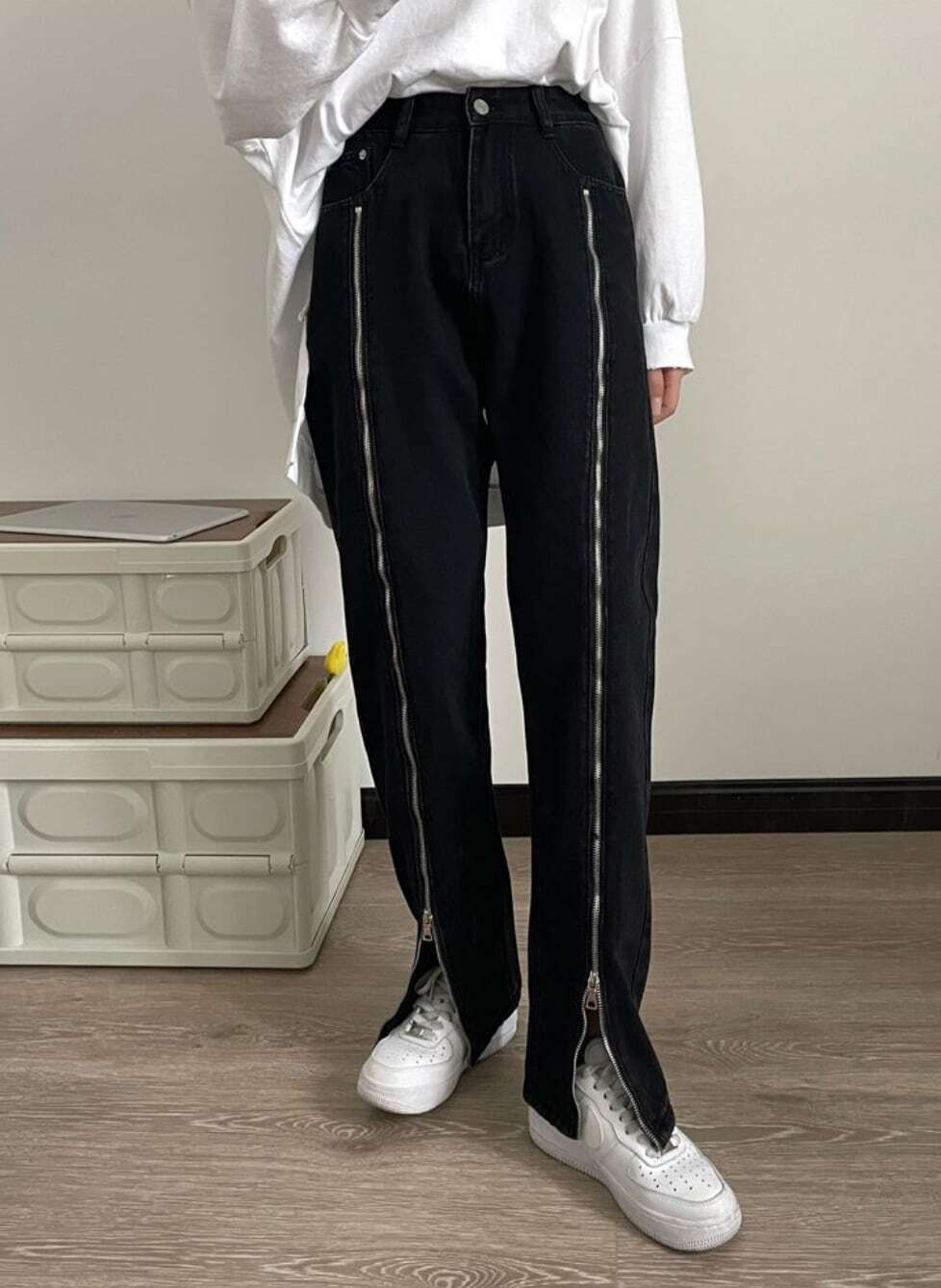 【送料無料】レディース パンツ 2WAY ジップ ビッグスリット デニムパンツ ストレートデニム ハイウエスト ジーンズ 大人可愛い ママコーデ ママファッション 韓国系 オルチャン 人気