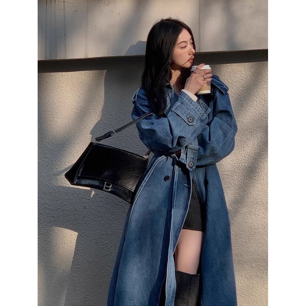 アウター 春秋 デニムジャケット ロングジャケット 新作 体型カバースーツトップス カジュアル 韓国風アウター オシャレ大人 ウォッシュ加工 2025初春新作 ジャケットトップスヴィンテージ 開き襟