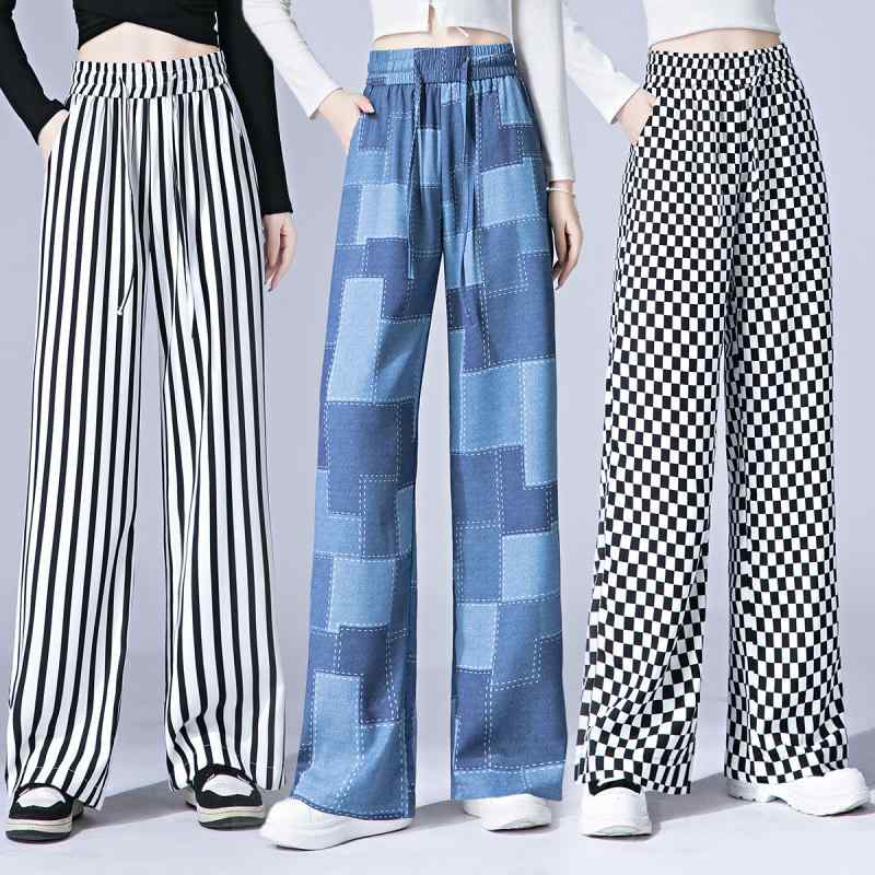 レディース ファッション おしゃれ 西洋風 婦人服 チェック ストレート パンツ 秋 ハイウエスト 大きいサイズ ストライプワイド パンツ
