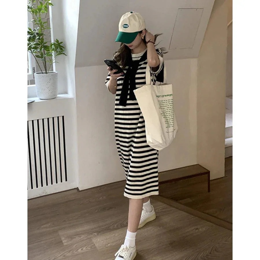 ワンピースボーダー柄ワンピースレイヤード風ニットワンピース薄ニット 4,757円