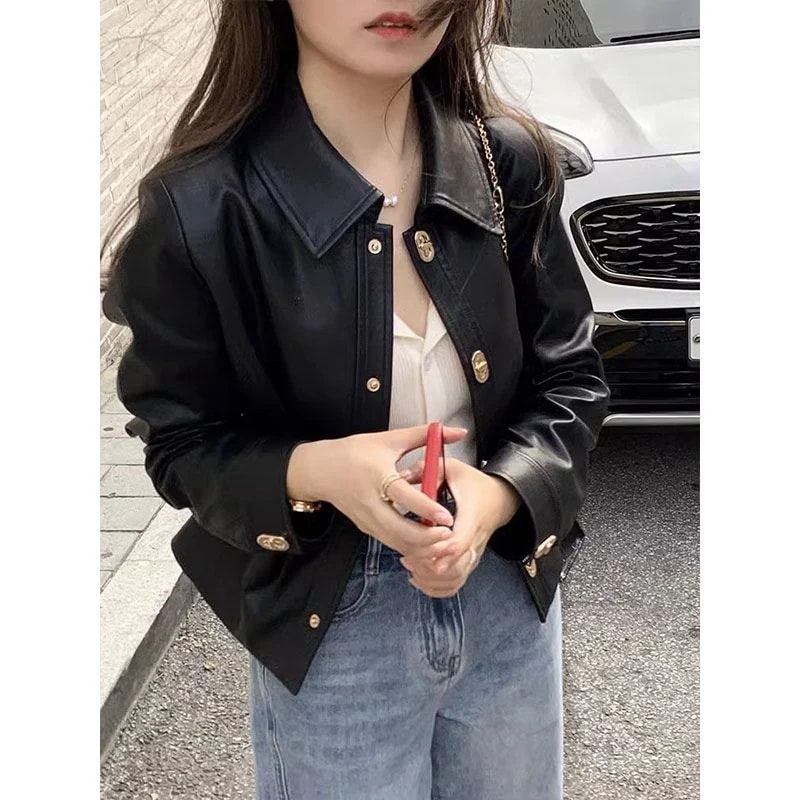 シンプルノーカラーコートアウター PUレザージャケットとゴールドバックルショートセクションバイカースーツトップス レディースファッション