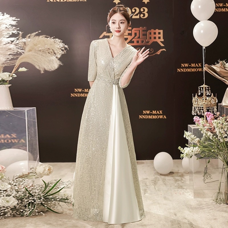 女性用スパンコールイブニングドレス24新しいスタイルハイエンド宴会気質ロングスカートアートテストホスト合唱団パフォーマンス衣装