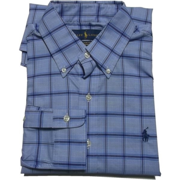 LA直輸入 ラルフ メンズ長袖 ワンポイント ボタンダウンシャツ チェック サックスブルー 混紡 check BD shirts 1060