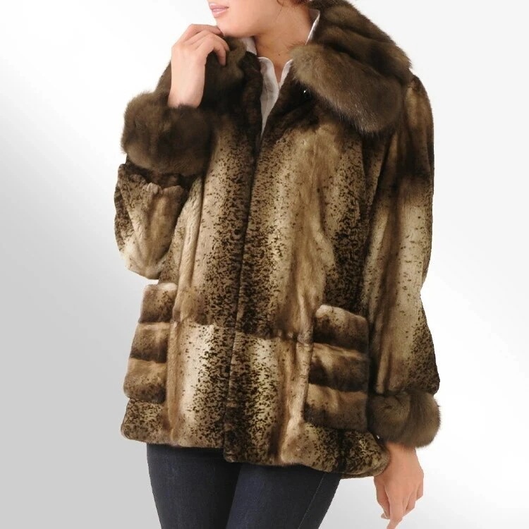 セミシェアードミンクジャケットロシアンセーブルトリミングプリント加工/レディース