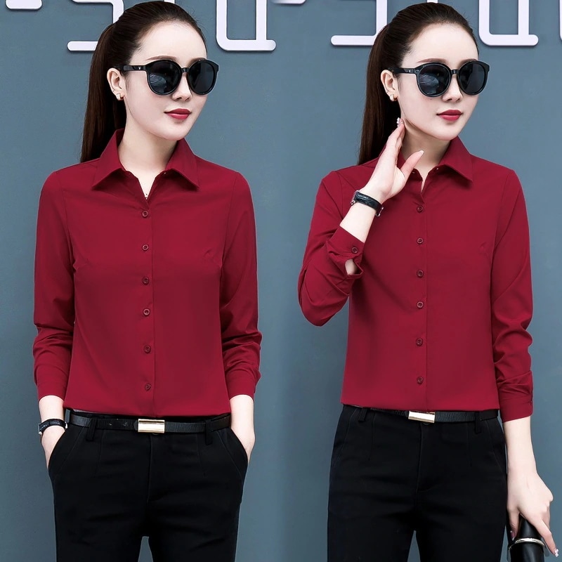 【1つ買うと10つ無料】2025春と秋のプロの赤いシャツの女性用長袖スタイルスリムシャツスリムボトムシャツ
