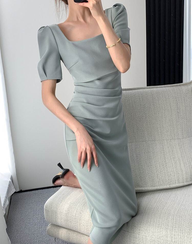 パフスリーブ M ワンピース スクエアネック ワンピース レディース かわいい ライトウォーターグリーン L S 女子 XL 半袖 タイト 細身 ハイウエスト セクシー ゴージャス 夏 い ミモレ丈