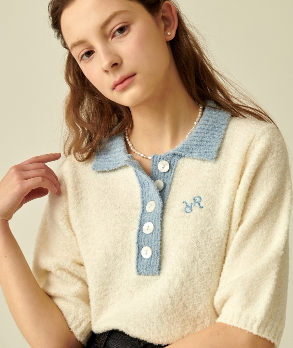 【RONRON】 BUTTON COLLAR KNIT : IVORY BLUE