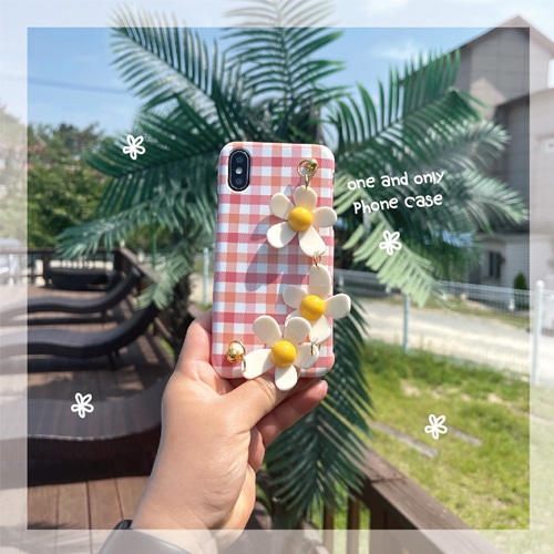 送料無料[UNISEX] フラワーストラップチェックパターンスマホケーズ／スマホカバースマホカバ (5color)