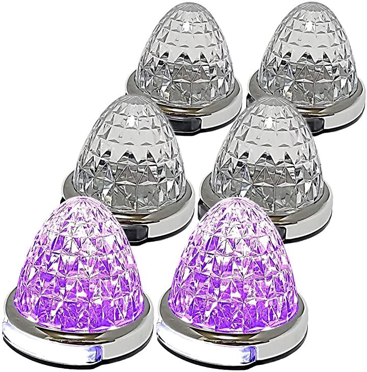 カスタマイズ 12V 24V トラック用 LED マーカーランプ 路肩灯機能付 サイド メッキリング 5面クリスタルカット仕様 22LED 汎用 (パープル, 6個)