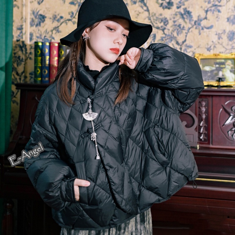 チャイナ風アウター レディース 冬 ダウンジャケット コート 黒色 杏色 無地 ショート スタンドカラー 防風 ポケット 90ダックダウン