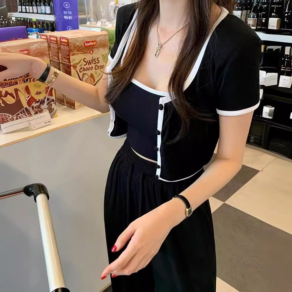 セットアップ 3点セット クロップド丈 オルチャン スリーピース レディース キャミソール カーディガン ワイドパンツ 韓国 2way ブラック ベージュ ホワイト 黒 白 パンツ Uネック