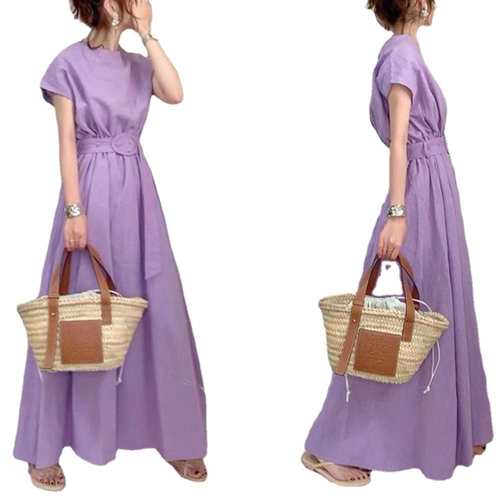 マキシワンピース フレンチスリーブ オルチャン ベルト付き Aライン 韓国 レディース パープル 紫 グリーン 緑 ブラック 黒 フレアワンピース ロング丈 ラウンドネック フレア スリム