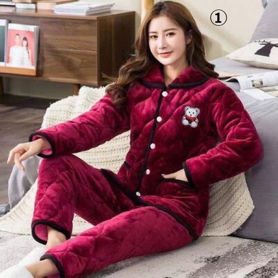 ルームウェア レディース パジャマ キルティング ポケット フロントボタン 前開き 襟あり ウエストゴム 厚手 冬 暖かい フランネル ホームウェア おうち服 部屋着 寝巻き 2点セット 上下セット