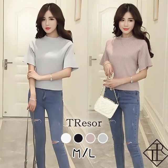 2点で13o円OFF!【即納】サマーニット レディース Vネック 半袖 春 夏 トップス tシャツ ニットソー 薄手 ラウンドネック クルーネック ハイネック シンプル 体型カバー 袖あり 二の腕カバ