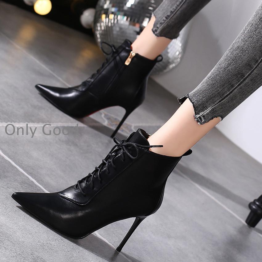 ショートブーツ ハイヒール レディース ブーティー ピンヒール 編み上げブーツ ポインテッドトゥ ブーツ 黒 レースアップ ハイヒールブーツ 5,354円