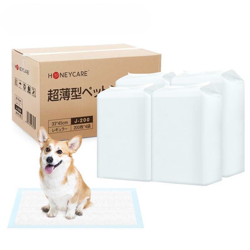 HONEYCARE ハニーケア 超薄型 ペットシーツ 1回使い捨て ペットシート 犬 おしっこシート しっかり超吸収 猫 うさぎ 犬用 シート レギュラー 200枚×4袋(800枚入) (ケース販売)