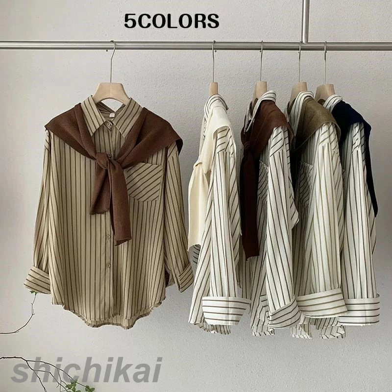 レディース シャツ トップスゆったりストライプ開襟長袖ミディアムシャツ+ニットストール 前開き 長袖 ゆったり おしゃれ カジュアル ナチュラル ビジネス 通勤 オフィス 夏 春 秋 20代 30代