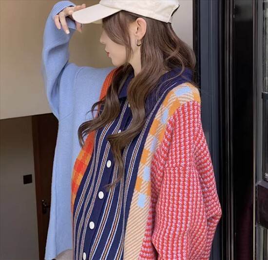 カーディガン セーター プルオーバー トップス ポロ襟 ニット 切り替えデザイン ストライプ アシメトリーデザイン シングルブレスト ニッチデザイン 大きいサイズ プラスサイズ 秋冬 レギュラー丈 長